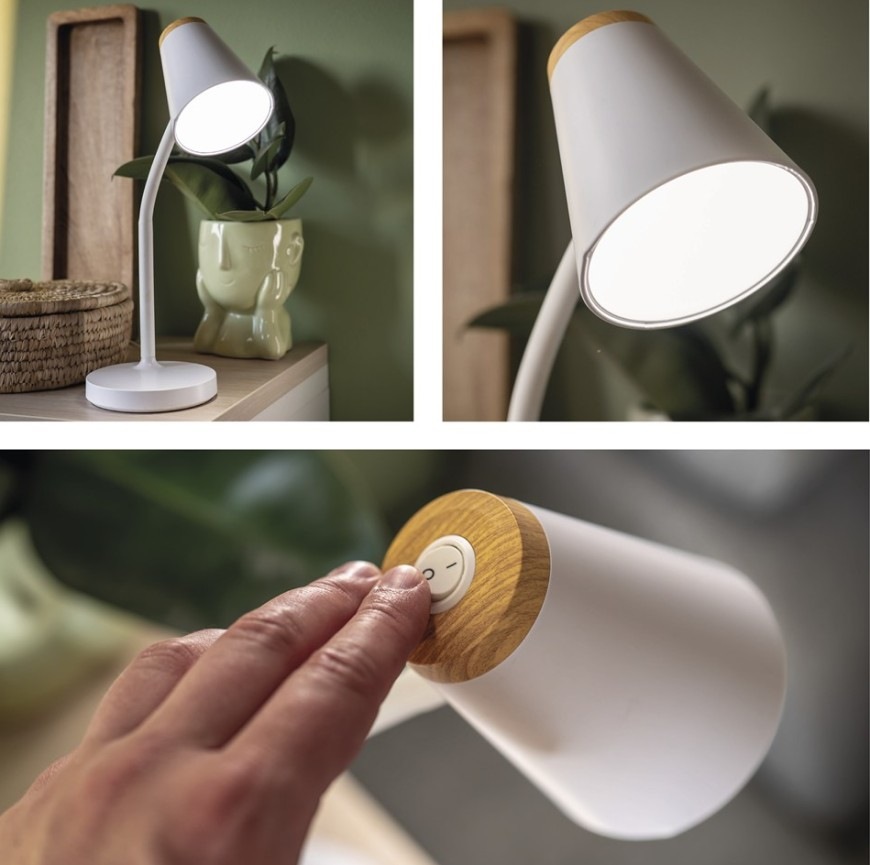 Stolná lampa EMOS Tara, 5 W, LED integrované, IP20 biela Koláž fotografií stolné LED lampičky EMOS Tara v bielej farbe