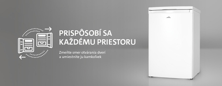 Biela monoklimatická chladnička ETA s možnosťou zmeny smeru otvárania dverí. Grafika znázorňuje flexibilitu inštalácie. Text: Prispôsobí sa každému priestoru – zmeňte smer otvárania dverí a umiestnite ju kamkoľvek