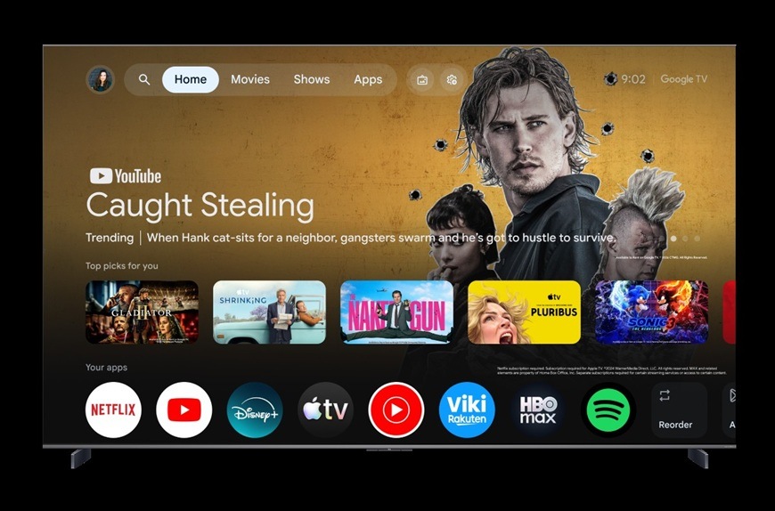 Televízor TCL 98C7L Domovská obrazovka Google TV na televízii TCL 98C7L s aplikáciami Netflix, YouTube, Disney+ a ďalšími streamovacími službami.