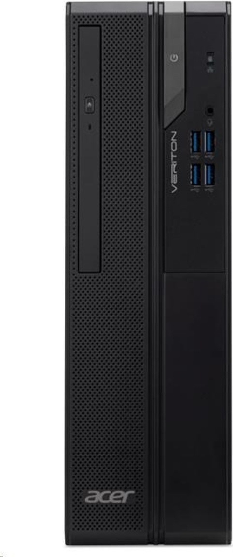 Stolný počítač Acer Veriton X2722GT čierny Na obrázku je stolný počítač Acer Veriton X2722GT v čiernom prevedení z čelného pohľadu. Ľavú časť predného panelu tvorí perforovaná mriežka na prúdenie vzduchu, zvislá optická mechanika a logo Acer v spodnej časti. Vpravo je ovládací panel s tlačidlom napájania, 3,5 mm audio konektorom a štyrmi modro označenými portami USB-A. Zvislý nápis Veriton podčiarkuje jednoduchý kancelársky design počítača.