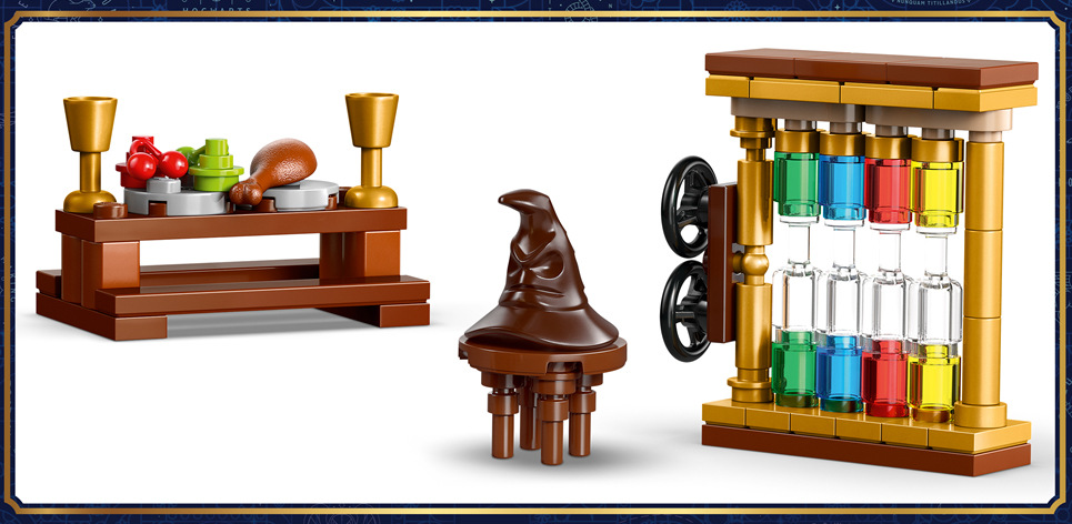 Stavebnica LEGO® Harry Potter™ 76460 Bradavický hrad: Ceremoniál s Moudrým kloboukem Stôl s jedlom, počítadlo bodov a mačacie Patrón rozširujú možnosti hry aj zberateľskú kolekciu.