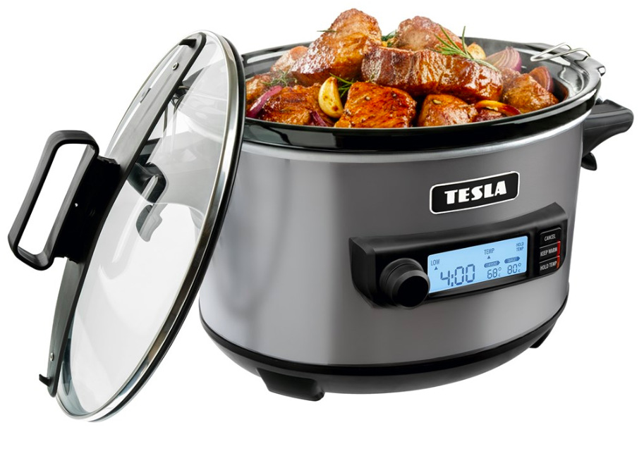 Otvorený pomalý hrniec Tesla SlowCook S900 Plus s vyberateľnou nádobou a pripravovaným mäsom