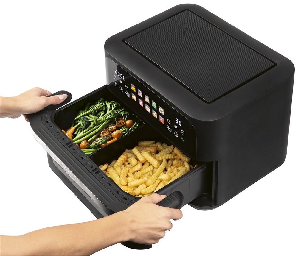 Použitie duálnej teplovzdušnej fritézy ProfiCook PC-FR 1313 H s rozdelenou nádobou 2 × 5 l pri súčasnej príprave hranolčekov a zeleniny