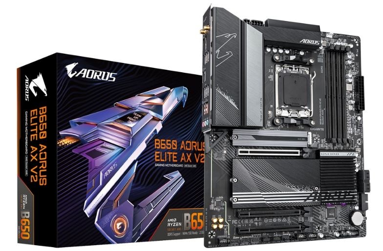 Základná doska GIGABYTE B650 AORUS ELITE AX V2 MB Gigabyte B650 AORUS ELITE v detailnom pohľade so škatuľou