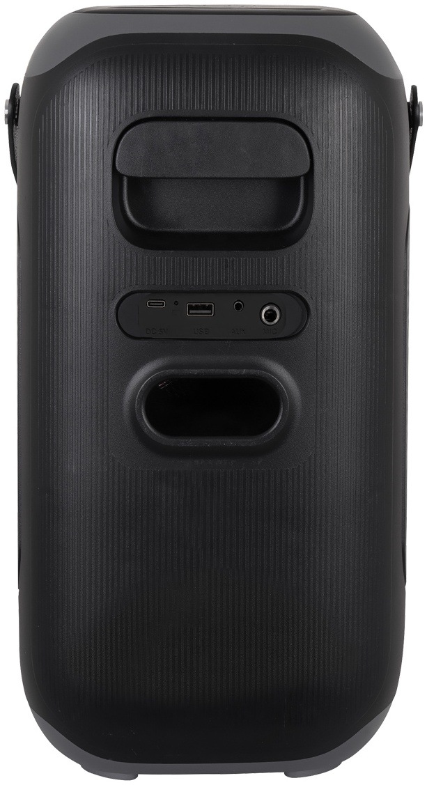 Párty reproduktor Trevi XFM 225 W čierny Zadná strana reproduktora Trevi XFest s konektormi USB, AUX a DC nabíjaním.