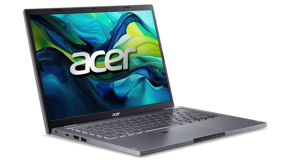 Notebook Acer Aspire 14 (A14-51M-33LA) sivý Otvorený a zapnutý notebook Acer Aspire 14 (A14-51M-33LA) natočený doprava