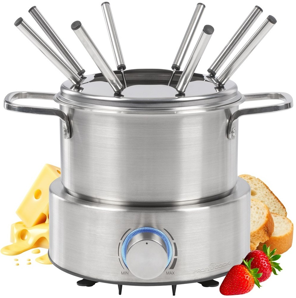 Fondue Profi Cook FD 1288 nerez Fondue ProfiCook FD 1288 z čelnej strany s vidličkami a ukážkou jedál vhodných na prípravu