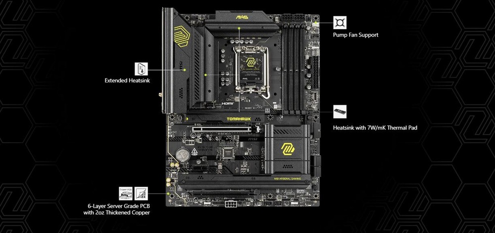 Základná doska MSI MAG B860 TOMAHAWK WIFI Počítačová základná doska s označenými funkciami: rozšírený chladič, podpora ventilátora čerpadla a EZ M.2 Shield Frozr.