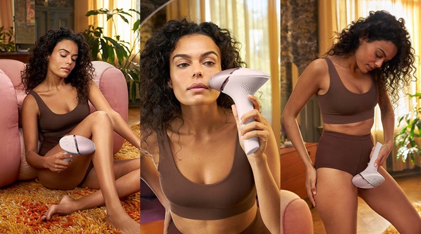 Epilátor Philips Lumea IPL Series 9900 SkinAI BRI953/02 ružový Jedna žena používa epilátor Philips IPL Lumea 9900 na telo, tvár a citlivé partie.