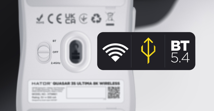 Detail spodného prepínača myši so symbolmi bezdrôtového, USB a Bluetooth pripojenia