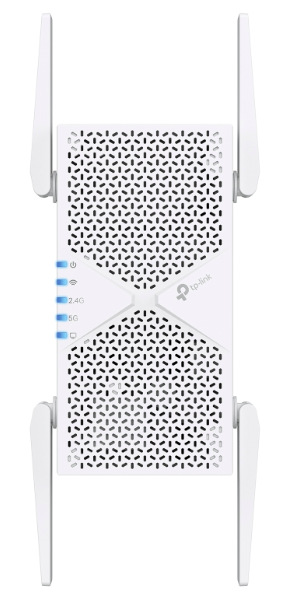 Wi-Fi extender TP-Link RE405BE Wi-Fi7 BE6500 biely Čelná strana Wi-Fi extendera TP-Link RE405BE s LED indikátormi pásma 2,4 GHz a 5 GHz