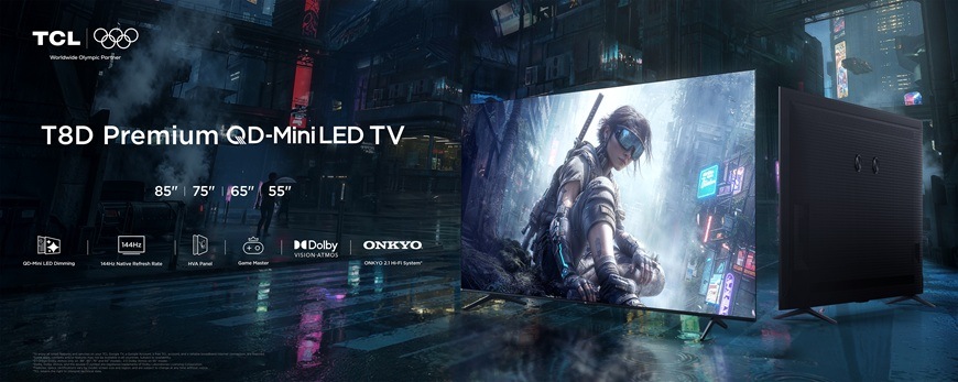 Televízor TCL 85T8D Televízia TCL 85T8D s QD Mini LED obrazovkou zobrazuje detailnú hernú scénu s vysokým kontrastom, plynulým 144Hz obrazom a moderným bezrámčekovým dizajnom.