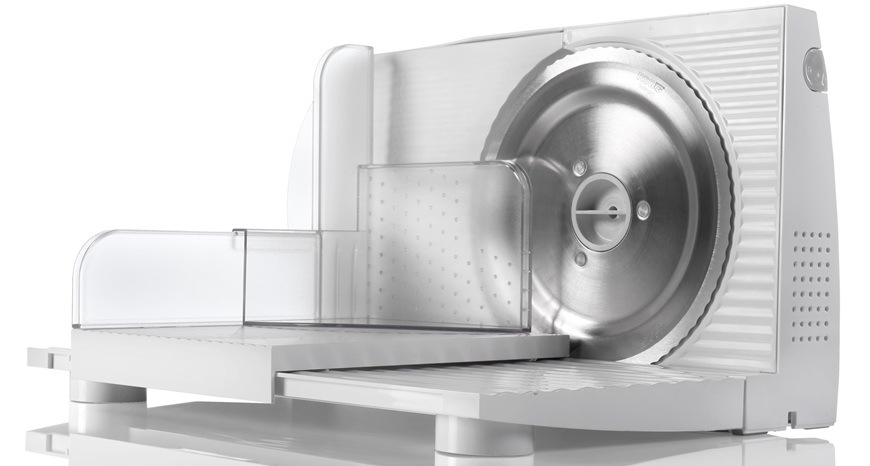 Bočný pohľad na elektrický krájač Gorenje R401W v bielom prevedení.