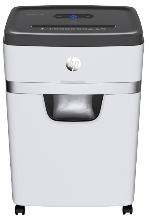 Skartovač HP OneShred 18CC biely Predný pohľad na skartovač HP OneShred 18CC s priehľadovým okienkom koša