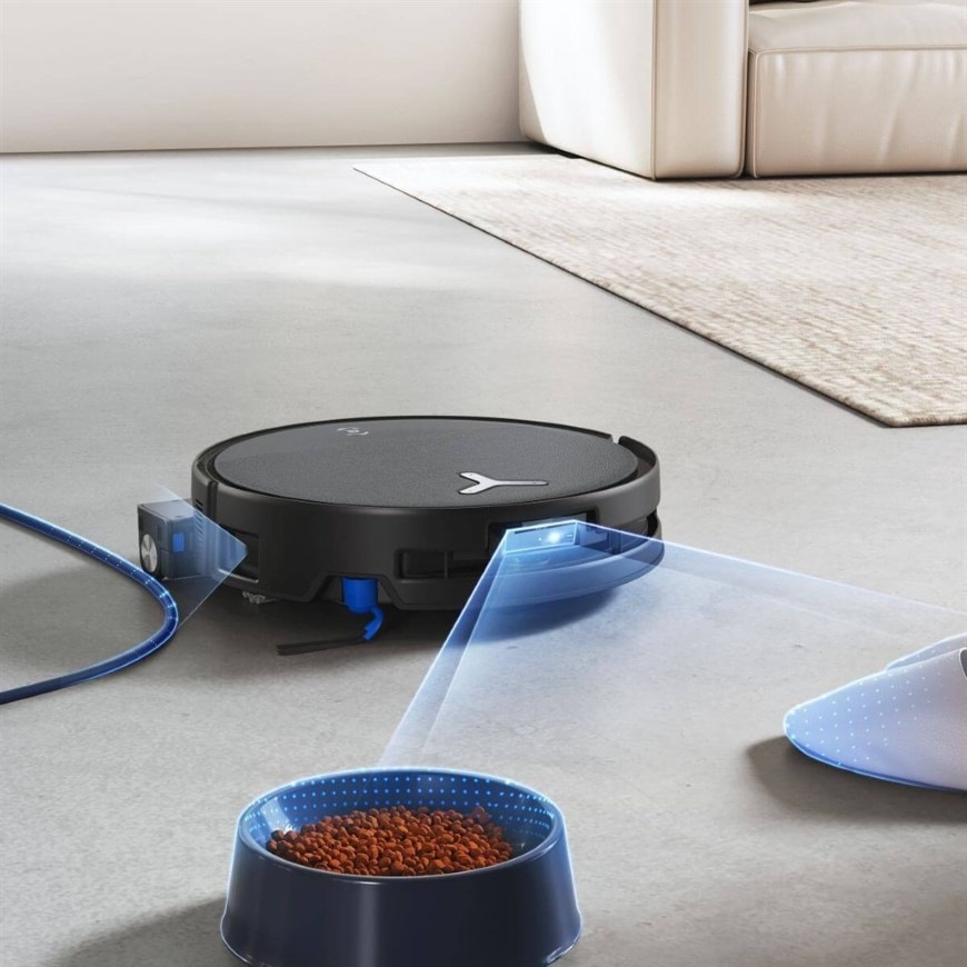 Robotický vysávač Ecovacs DEEBOT T80S OMNI BLACK čierny Ilustrácia robotického vysávača DEEBOT T80S OMNI skenujúceho interiér a prekážky