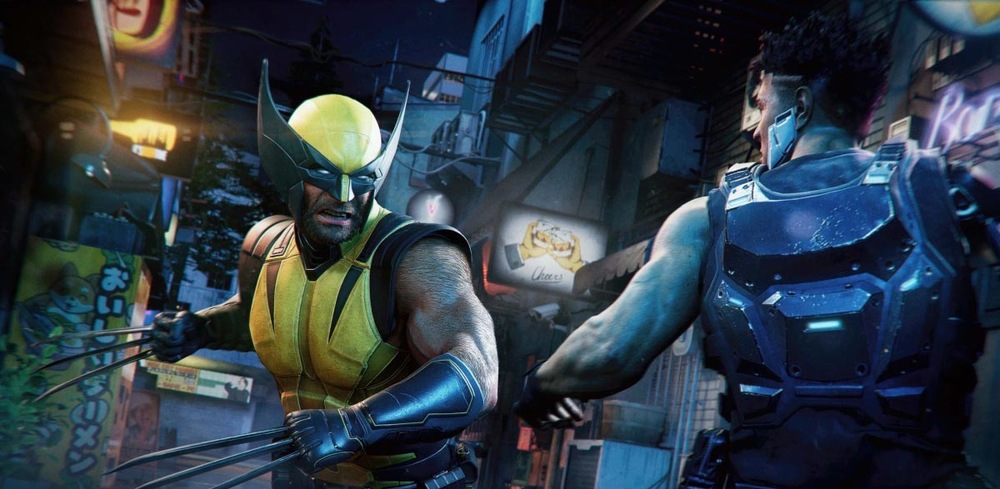 Wolverine vo svojom ikonickom žltom oblečku s vytiahnutými pazúrmi a nepríčetným výrazom v tvári čelí inej postave v brnení.