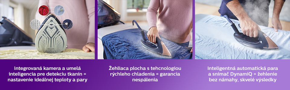 Banner s tromi obrázkami vedľa seba zobrazujúcimi žehličku s AI kamerou na detekciu tkanín, technológiu rýchleho chladenia a inteligentnú paru so snímačom dynamiQ.