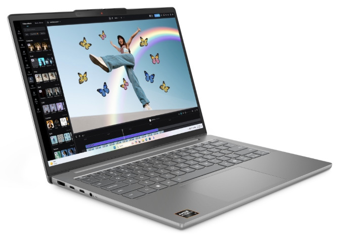 Notebook Lenovo IdeaPad Slim 5 14AKP10 so spustenou aplikáciou na úpravu videa