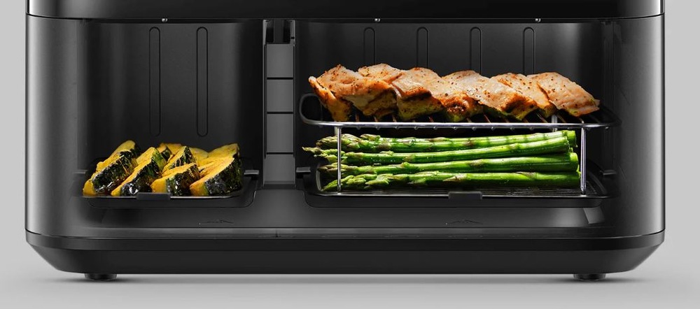 Fritéza teplovzdušná Xiaomi Dual Zone Air fryer 10 l čierna Pohľad na fritézu Xiaomi s tromi rôznymi jedlami