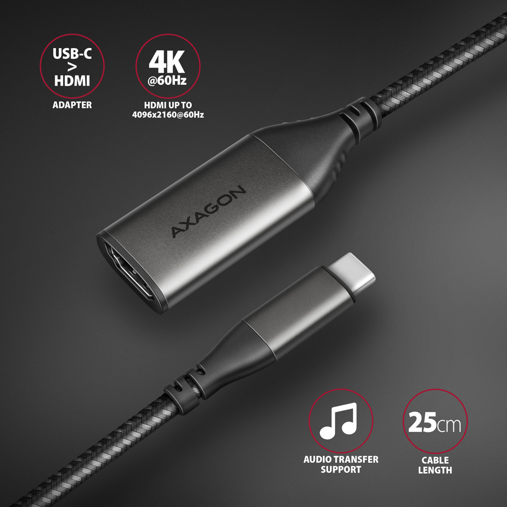 Redukcia Axagon USB-C / HDMI 2.0a, 25cm, 4K/60Hz HDR10 čierna