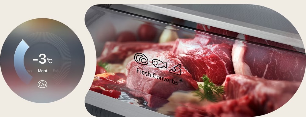 Chladnička s mrazničkou LG GBBS322APY strieborná Detail na zásuvku FRESHConverter™ s čerstvým mäsom. Vľavo nastavenie teploty na -3 °C.