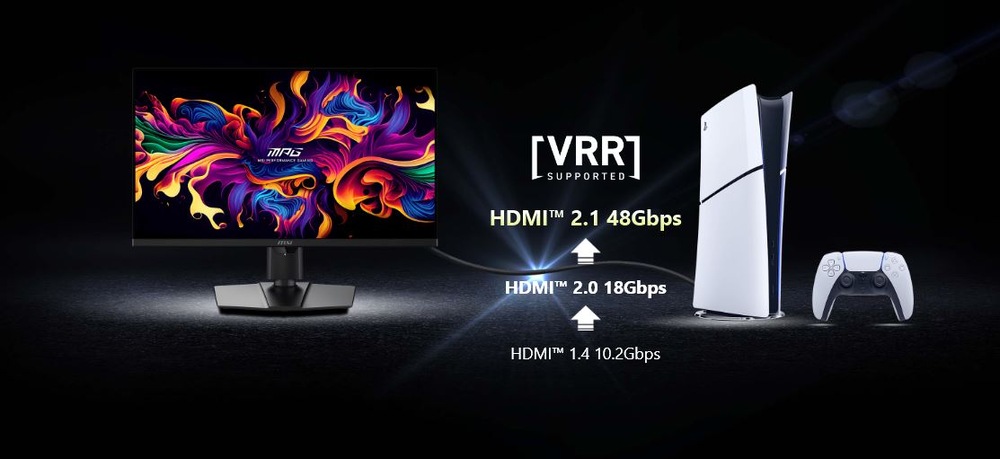 Vedľa bielej hernej konzoly a ovládača je žiarivý monitor s víriacimi farbami. Text zdôrazňuje podporu VRR so špecifikáciami HDMI pre pripojenie.