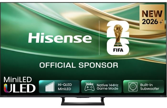 Televízor Hisense 50E8S Televízia Hisense 50E8S so zobrazeným zeleným pozadím. Sú na nej parametre, čo umi, a rok 2026.
