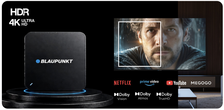 Multimediálne centrum Blaupunkt B-Stream Box Gen3 čierne Ukážka prehrávania obsahu v 4K Ultra HD s HDR, Dolby Vision, Dolby Atmos a Dolby TrueHD