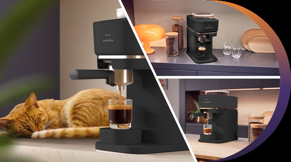 Pákový kávovarPákový kávovar Philips BAR300/60 Baristina na kuchynskej linke varí kávu a vedľa spiace mačka