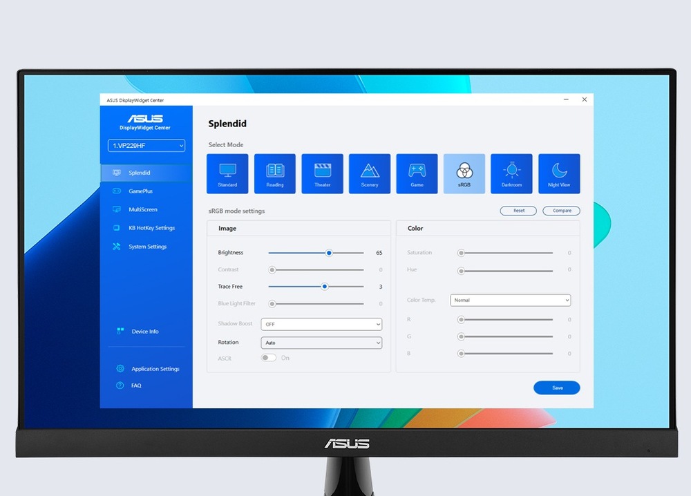 Herný monitor Asus VP227HF čierny Monitor zobrazujúci rozhranie ASUS DisplayWidget Center.