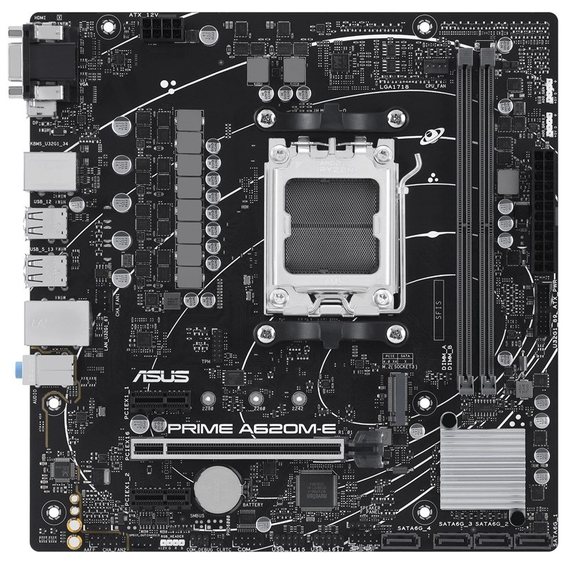 Pohľad na dosku zhora. Pohľad na dosku zhora. Sú zachytené dva sloty pre RAM a ďalšie komponenty, chladič av centre slot pre CPU. Čiastočne sú vidieť aj porty na pripojenie externých zariadení.