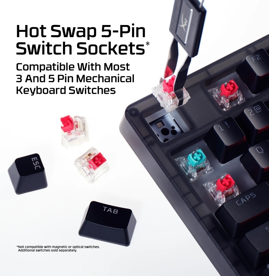 Klávesnica HyperX Origins 2 1800 čierna Klávesnica HyperX Origins 2 1800 – výmenné 5pinové spínače hot swap