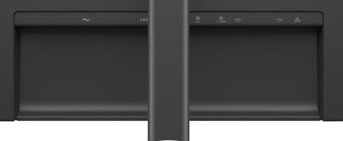 Detail spodnej zadnej časti monitora Dell Pro P2426E so stredovým stojanom, dvoma zapustenými priestormi pre konektory a symbolmi označujúcimi jednotlivé prípojky.