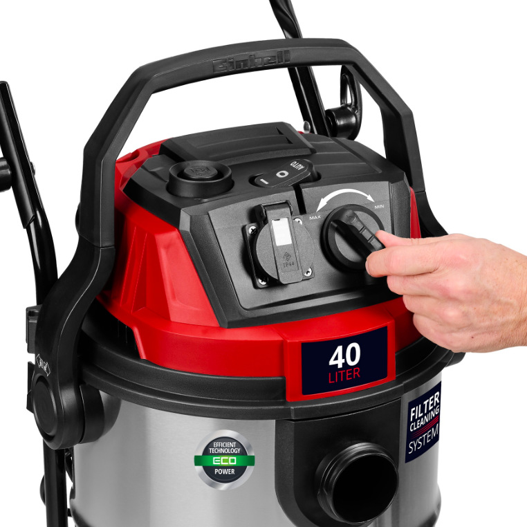 Priemyselný vysávač Einhell Expert TE-VC 4090 SACL nerez Ovládanie sacieho výkonu a automatická zásuvka vysávača Einhell TE-VC 4090 SACL