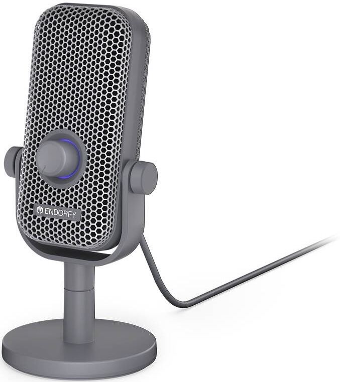 Mikrofón ENDORFY Solum Voice S , pop-up , RGB sivý Pohľad z boku na šedý mikrofón Endorfy so stojanom a pripojeným USB káblom.