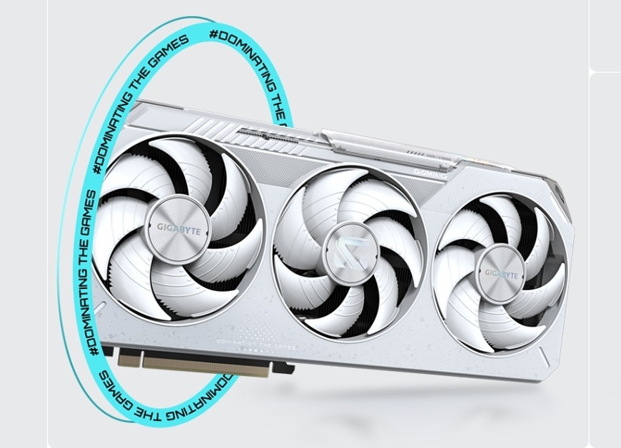 Grafická karta GIGABYTE Radeon RX 9070 XT GAMING OC ICE 16G biela Grafická karta GIGABYTE Radeon RX 9070 XT GAMING OC ICE 16G zobrazená v hernom futuristickom prostredí