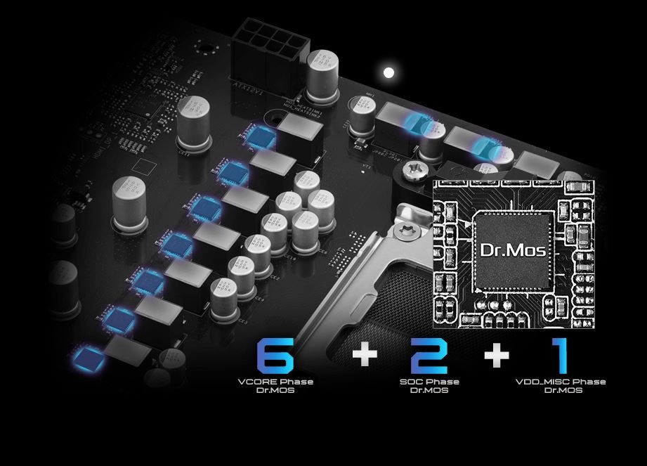 Základná doska ASRock A620AM PRO-A čierna Schéma modrých a šedých počítačových komponentov na čiernom pozadí. Text znie „6 + 2 + 1“ s nápisom „Dr.Mos“ uprostred čipu, čo evokuje technologickú tému.