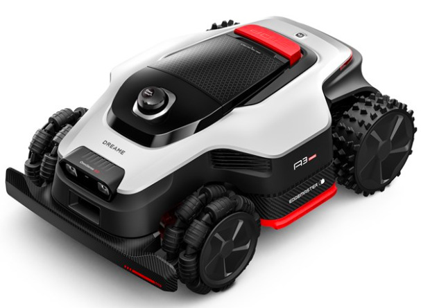 Robotická kosačka Dreame A3 AWD Pro 2500 s pohonom AWD v bielo-čiernom prevedení s červenými prvkami