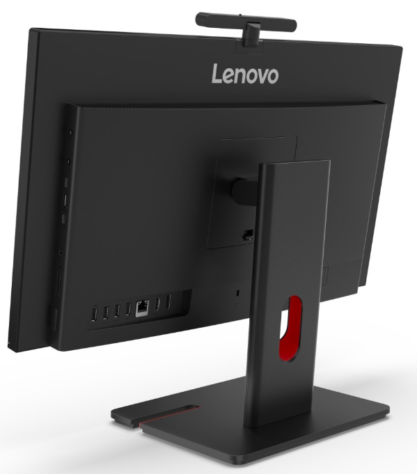 Zadný šikmý pohľad na All In One Lenovo ThinkCentre M90a Gen 6 s nastaviteľným stojanom