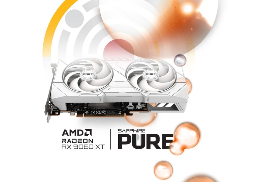 Grafická karta Sapphire Pure AMD Radeon RX 9060 XT GAMING 16GB Grafická karta Sapphire Pure RX 9060 XT umiestnená na bielom a oranžovom abstraktnom pozadí s logom Sapphire Pure