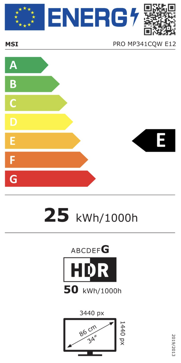 Energetický štítok monitora MSI PRO MP341CQW E12 s triedou E a spotrebou 25 kWh/1000 h