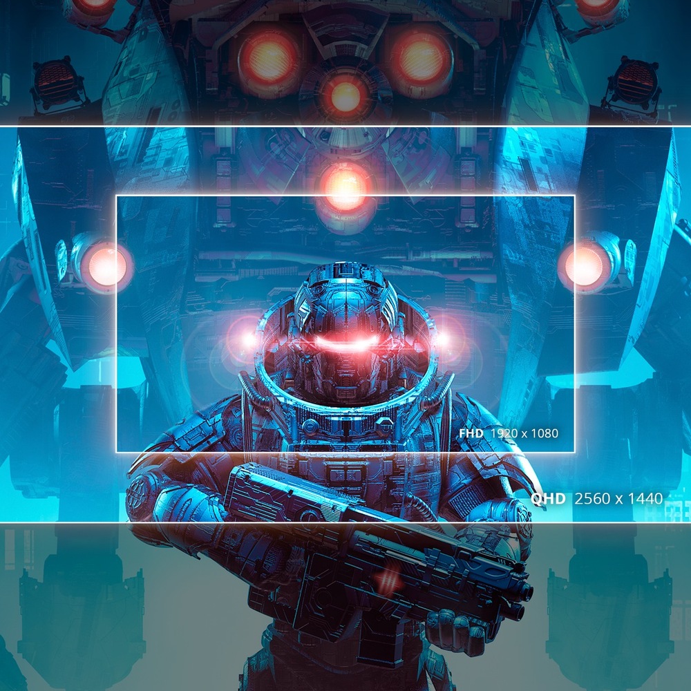 Futuristický vojak v modrej zbroji, drží zbraň a stojí na pozadí masívneho robota. Červeno žiariace svetlá evokujú sci-fi tému.