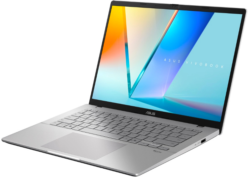 Notebook Asus Vivobook S14 strieborný Strieborný ASUS Vivobook S14 z pravého uhla s OLED displejom a klávesnicou