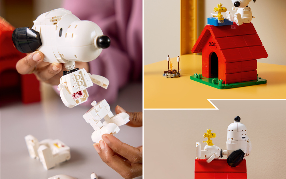 Stavebnica LEGO® Ideas 21368 Peanuts: Snoopyho bouda Pohyblivý Snoopy ponúka rôzne polohy nôh a krku, takže ho môžete ľahko prispôsobiť každej scéne.