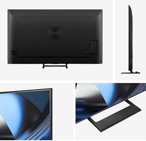 pohľad na televíziu Hisense z vicerostrán. Ukážka, aká je štíhla a aký má stojan