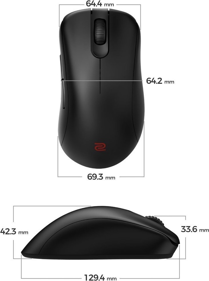 Myš ZOWIE by BenQ EC1-DW čierna Obrázok ukazuje rozmery bezdrôtovej myši ZOWIE by BenQ EC1-DW. Hore je pohľad zhora s vyznačenou šírkou tela – približne 64,4 mm v hornej časti, 64,2 mm uprostred a 69,3 mm v najširšej zadnej časti. Dole je bočný pohľad, ktorý ukazuje dĺžku 129,4 mm a výšku profilu – zadná časť má 42,3 mm, predná časť pri tlačidlách 33,6 mm. Grafika zdôrazňuje väčší ergonomický tvar myši pre pravú ruku.