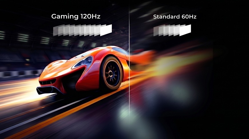 Televízor Haier H65S85GUX žlté pretekárske auto ide a je rozdelené na 2 diely - 60 hz, 120 hz