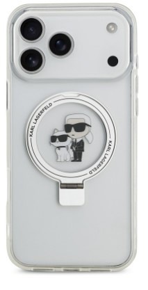 Kryt na mobil Karl Lagerfeld Ringstand Karl and Choupette MagSafe na Apple iPhone 17 Pro Max biely