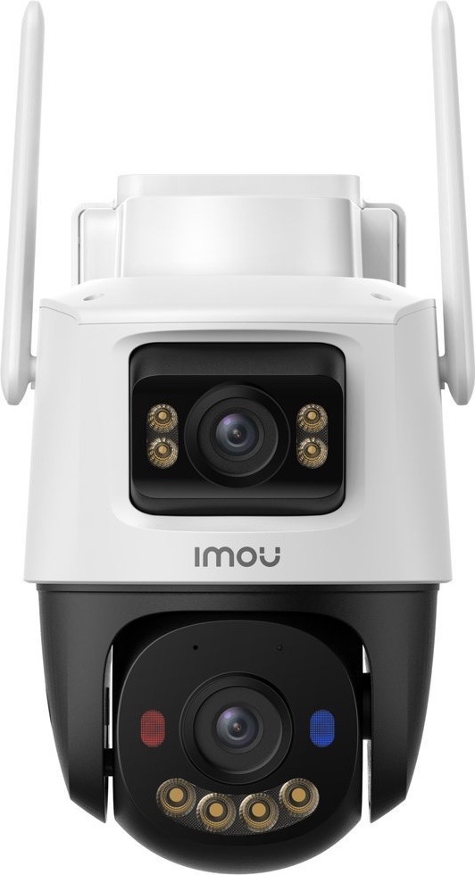 IP kamera Imou AOV Dual v bielom prevedení má dve antény a dvojicu samostatných kamerových častí. Horná pevná kamera sleduje priestor pred sebou, spodná otočná časť umožňuje širšie pokrytie okolia. Na oboch čiernych paneloch sú vidieť objektívy a prisvetľovacie LED diódy, spodná časť má navyše červené a modré výstražné svetlo.