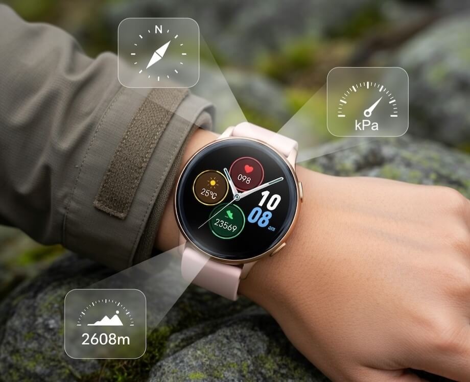 Inteligentné hodinky Carneo GTR Active HR+ ružové/zlaté Detail smartwatch GTR Active HR+ s kompasom, barometrom aj sledovaním počtu krokov